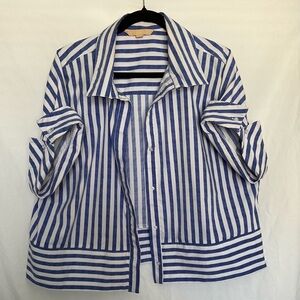Blue and White Boxy Notched Collar Button Down Shirt